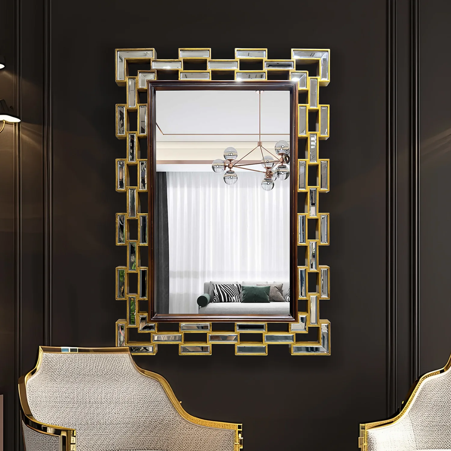 

2024 medieval retro paper pattern bathroom mirror entrance decorative mirror hotel living room entrance light luxury