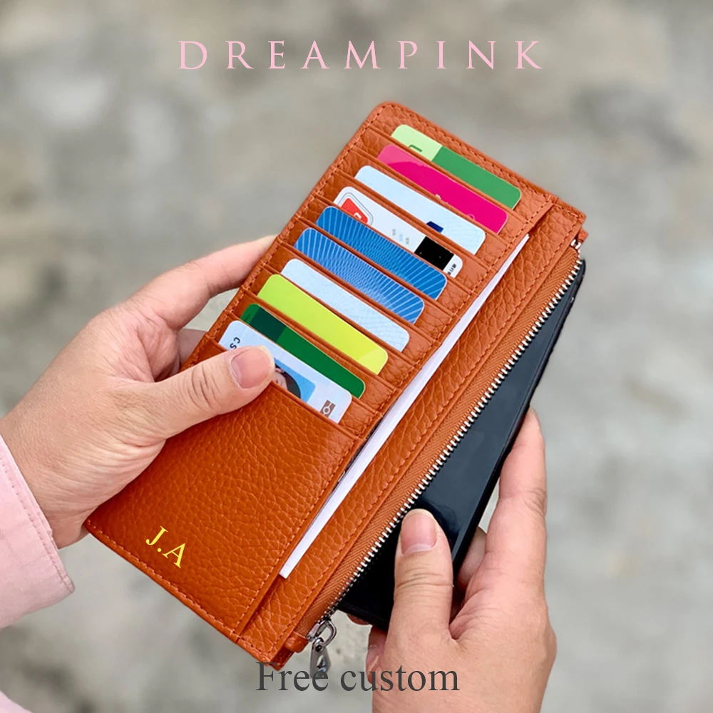 Large Capacity Long Zipper Card Holder Custom Letters Genuine Leather Men Credit Card Wallet Business Women Phone Clutch Purse