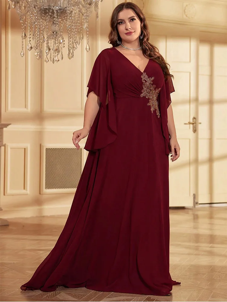 S-7xl Grote Maat V-Hals Bordeauxrode Korte Mouwen Chiffon Appliqué Avondjurk Tot Op De Grond Maxi Elegante Luxe Avondjurk