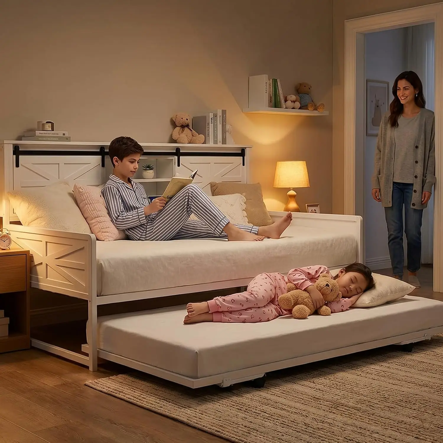 Farmhouse Twin Daybed with Pop-Up Trundle, White, Customized