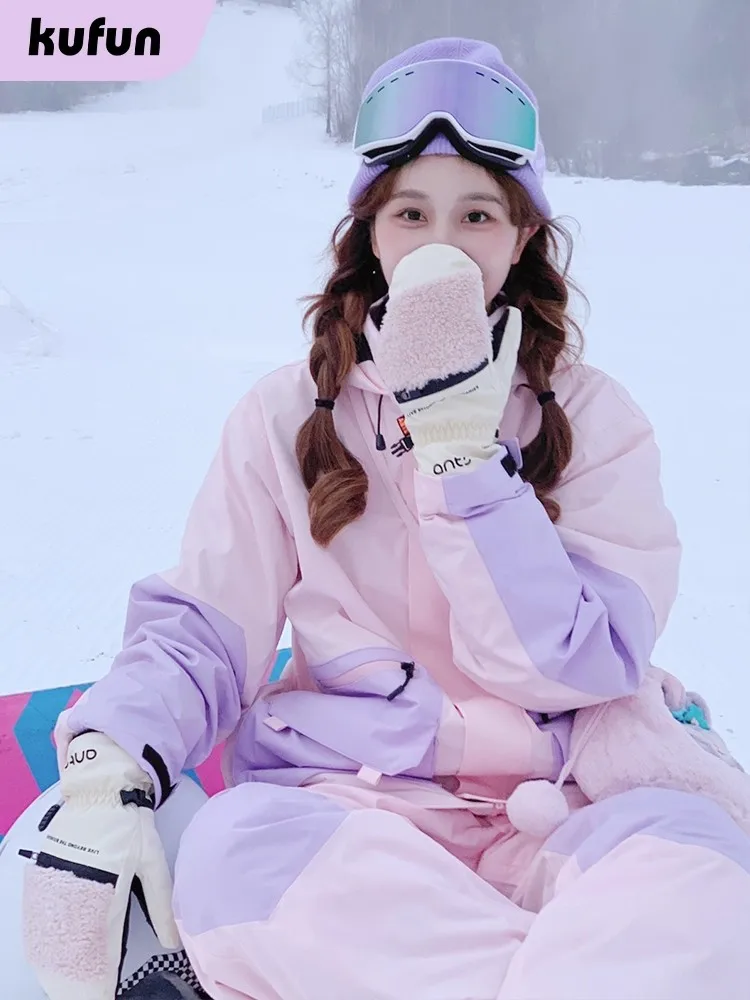 KUFUN Abbigliamento da sci Completo da snowboard ispessito impermeabile antivento Giacca sportiva da neve Pantaloni Pantaloni larghi Casual Donna adulta Adolescente