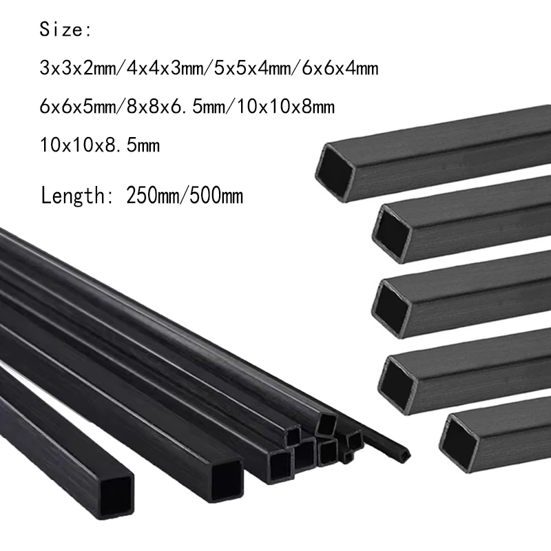 6/2 stuks Koolstofvezel Vierkante Buis Hoge Sterkte Lengte 250mm 500mm Buitendiameter 3mm 4mm 5mm 6mm 8mm 10mm