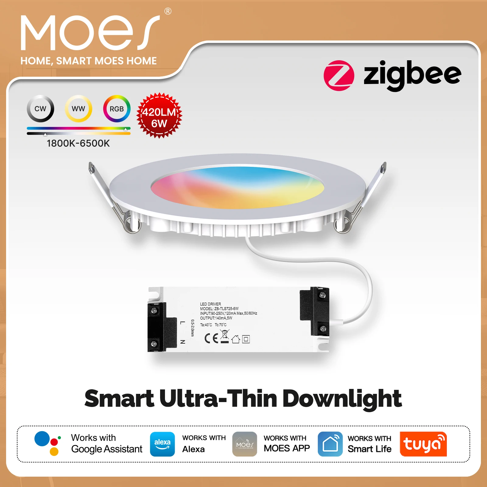 

MOES ZigBee Downlight Tuya Thin Dimming Spot Lamp 6W RGB Change Warm Cool Light Work with Alexa Google Home Smart Life In Party