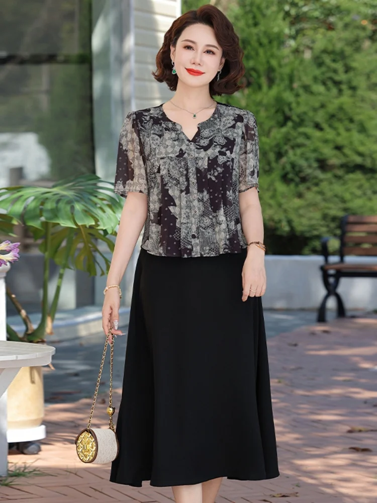 

Slimming Floral Print Midi Dr Fake Two-Piece Design Summer New Sle for Mom Middle-Aged Women Ele Age-Defng Meat-Co...