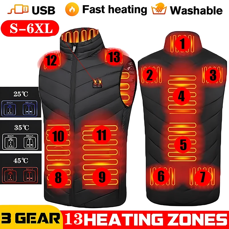 15 Areas Heated Vest Men Outdoor Hiking Heated Jacket USB Heating Vest Winter Thermal Waistcoat For Hunting Warm Heating Coat