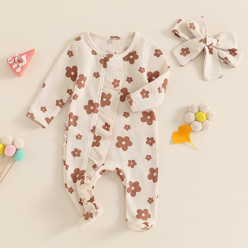 Baby Girls Waffles Rompers Outfit Long Sleeve Crew Neck Frills Zipped Floral Footies Jumpsuit Headband Infant Fall Clothes