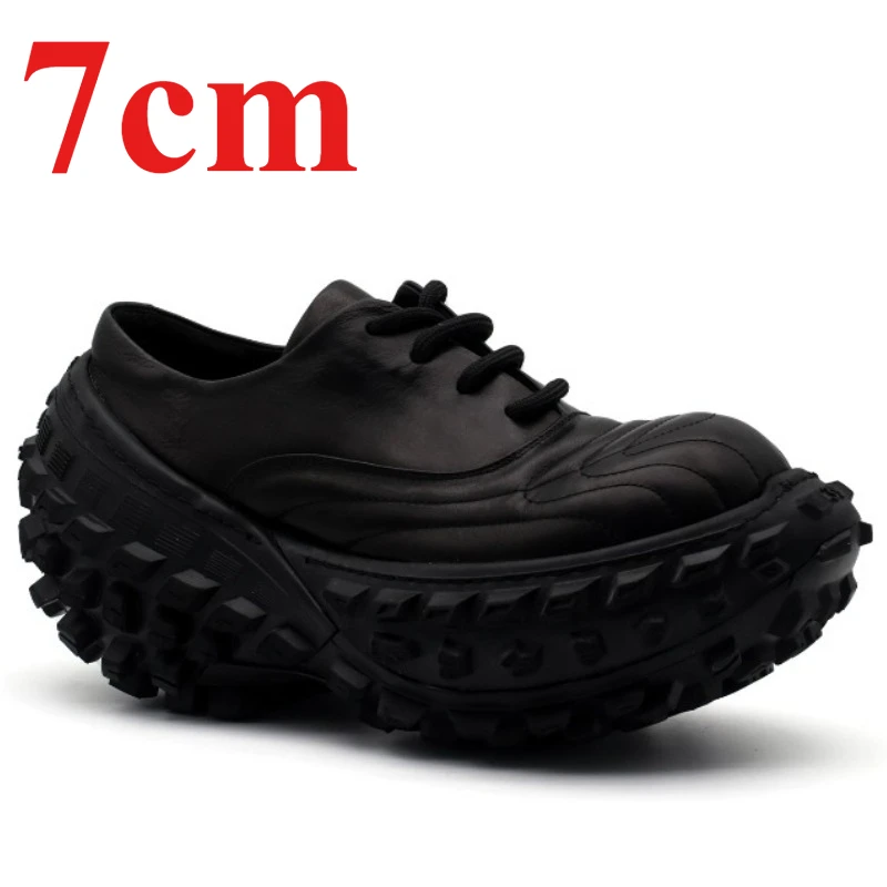 European/American Black/white Retro Daddy Shoes for Men's 7cm Thick Bottom Genuine Leather Comfortable Height Increasing Shoes