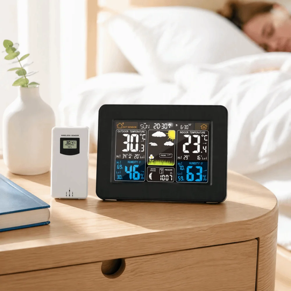 Wireless Weather Station Color Display Remote Sensor Indoor Outdoor Thermometer Barometric Pressure Atomic Clock