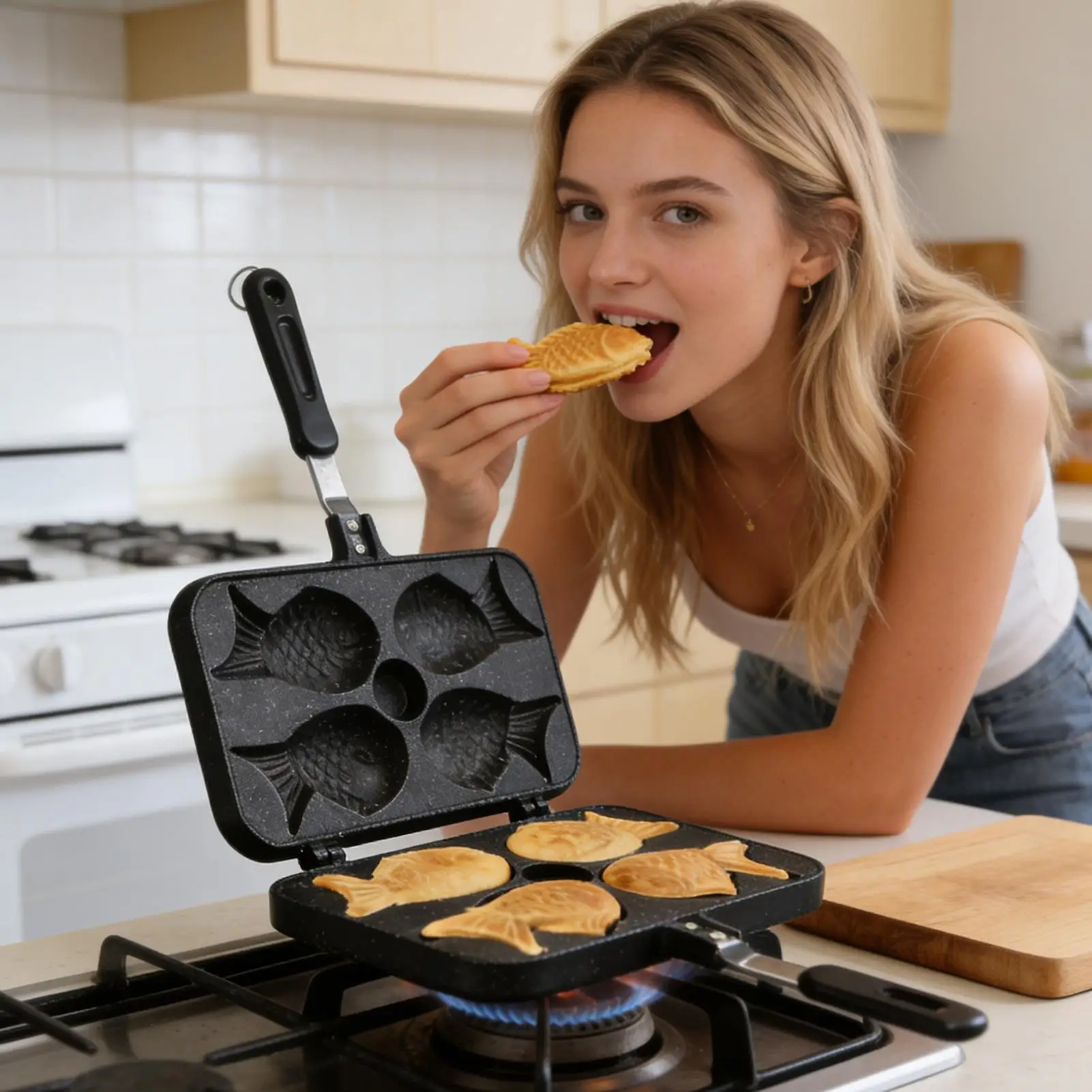 Waffle Iron 4-Cavity Fish Shaped Non Stick Double Sided Pan Cupcake Maker for Home Apartment Kitchen Travel Picnic Camping