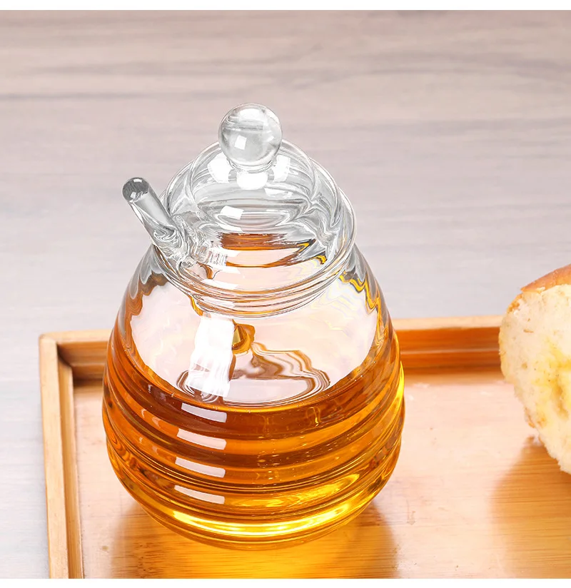 Glass Honey Jar Clear Glass Honey Pot with Dipper Spoon Small Kitchen Storage Bottle Jar Honey Server Container for Syrup