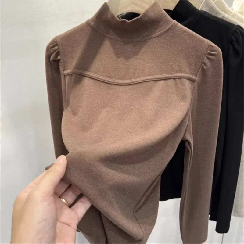 منتفخ كم التي شيرت المرأة تي شيرت نصف الرقبة العالية كم طويل تي شيرت طبقات عادية قاع أعلى الخريف الشتاء باست تيز