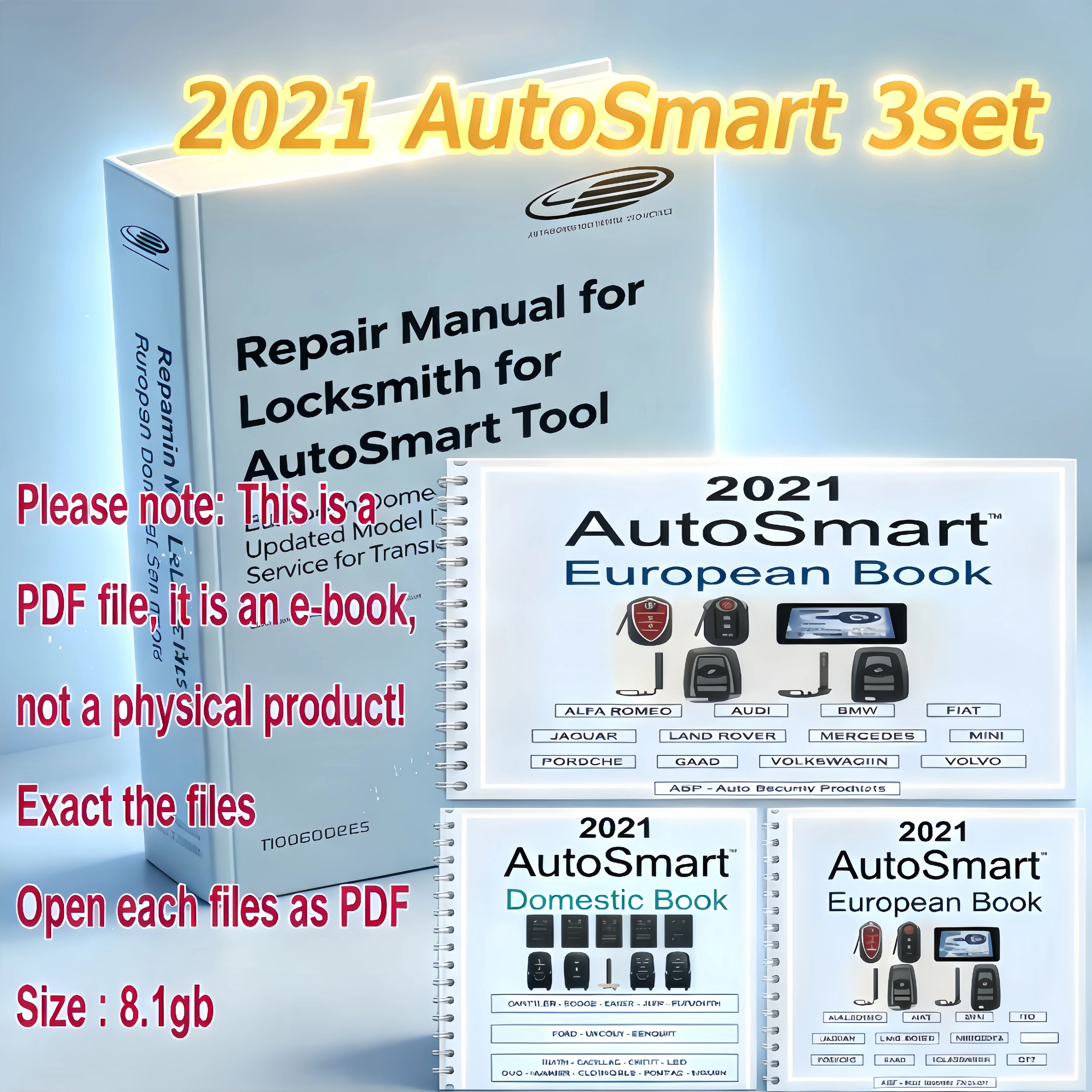 3‑Set AutoSmart Locksmith Repair Manual, Updated Model Info for European Domestic Cars Trucks, Transponder Service E‑Book PDF