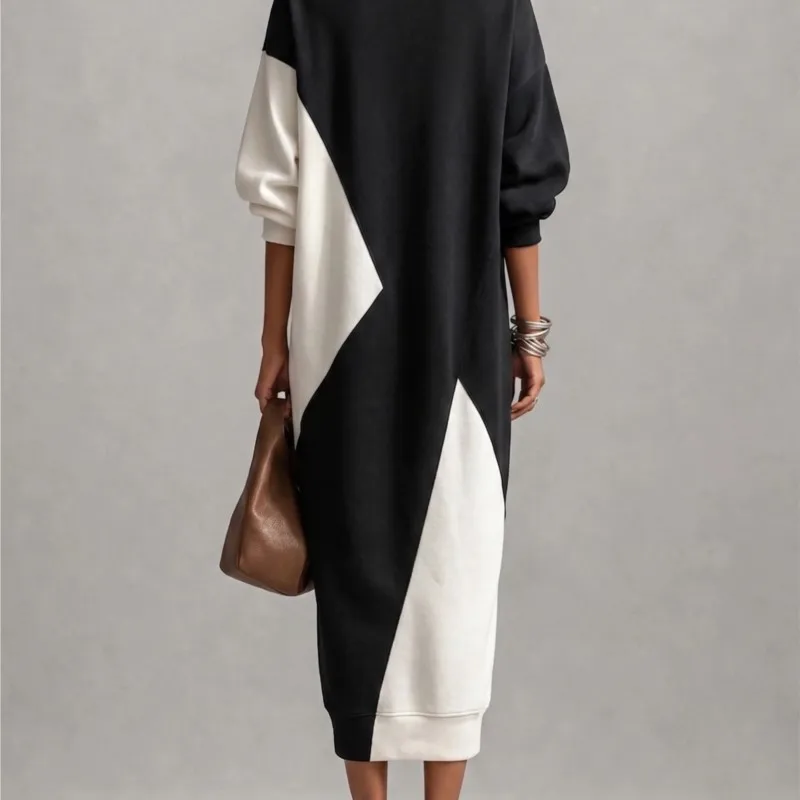 Elegant Women Black White Colorblock Linen Dress V Neck Batwing Half Sleeve Loose Oversized Casual Vacation Maxi Dresses