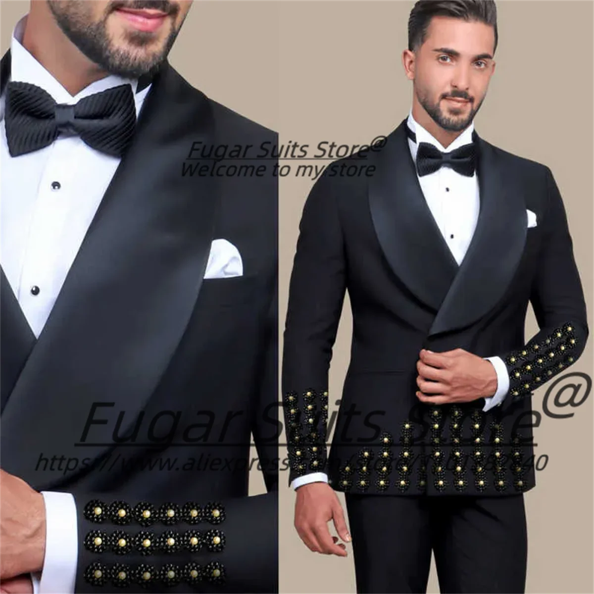 

Customize Shiny Beaded Men Suits Slim Fit Shawl Lapel Groom Wedding Tuxedos 2 Pcs Sets Male Double Breasted Blazers Ropa Hombre