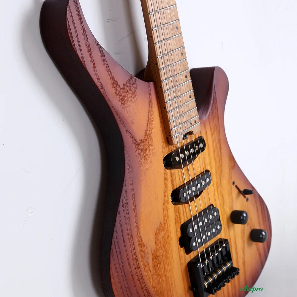 

6-струнная безголовая электрогитара Acepro, лады из нержавеющей стали, звукосниматели SSH, двухтактная катушка, винтажный жареный клен Sunburst