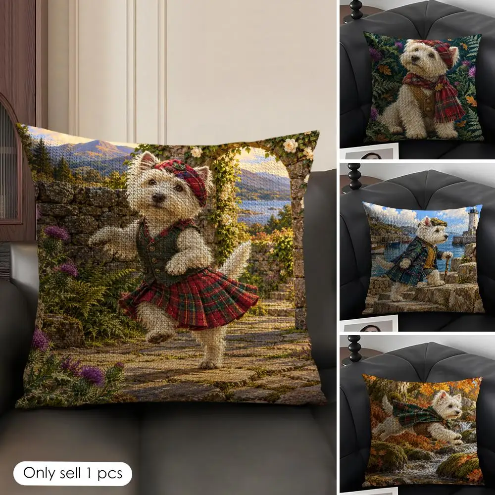 Westie In Scottish Highland Dog Cushion Cover Skin-Friendly Organic Linen Pillow Cover Durable Hypoallergenic Washable Soft