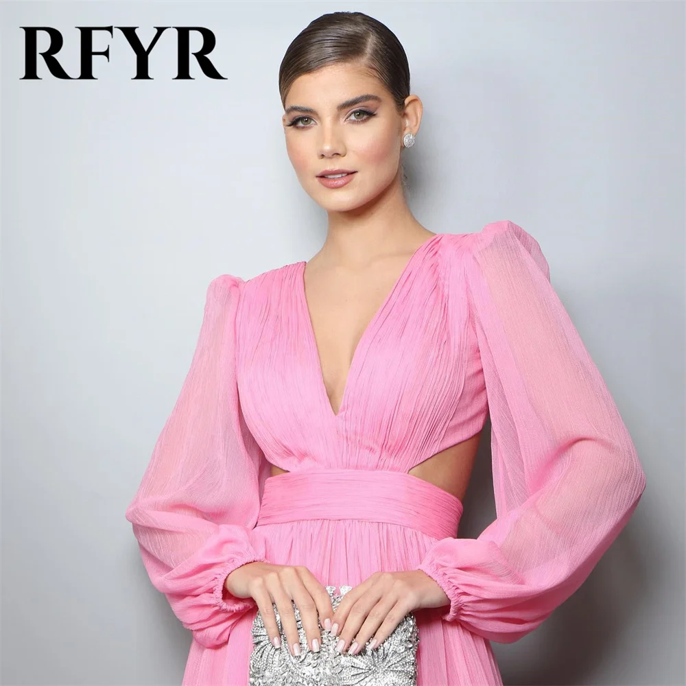 RFYR V Neck Pink Blush Long Party Dress Chiffion Vintage Night Dress Long Sleeves V Neck Celebrity Dress vestidos de fiesta