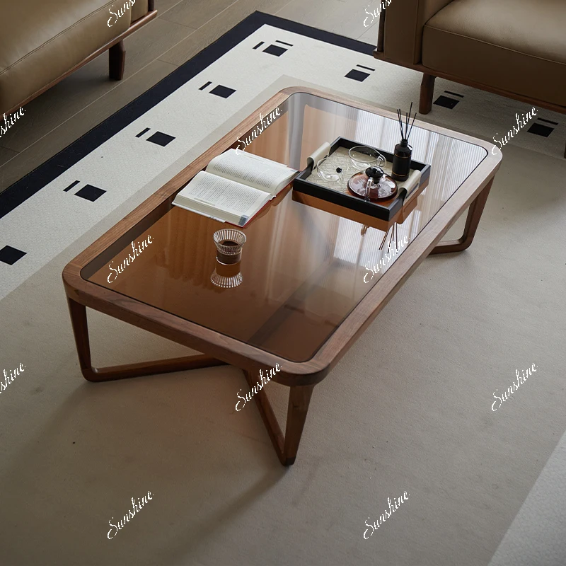 Simple and modern small apartment glass coffee table, living room, black walnut