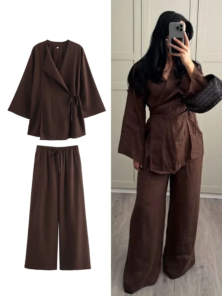 

Fashion Linen 2 Pieces Women 2024 Spring Summer Kimono Style Loose Lace Up Shirts Tops Women's Wide Leg Pants Sets