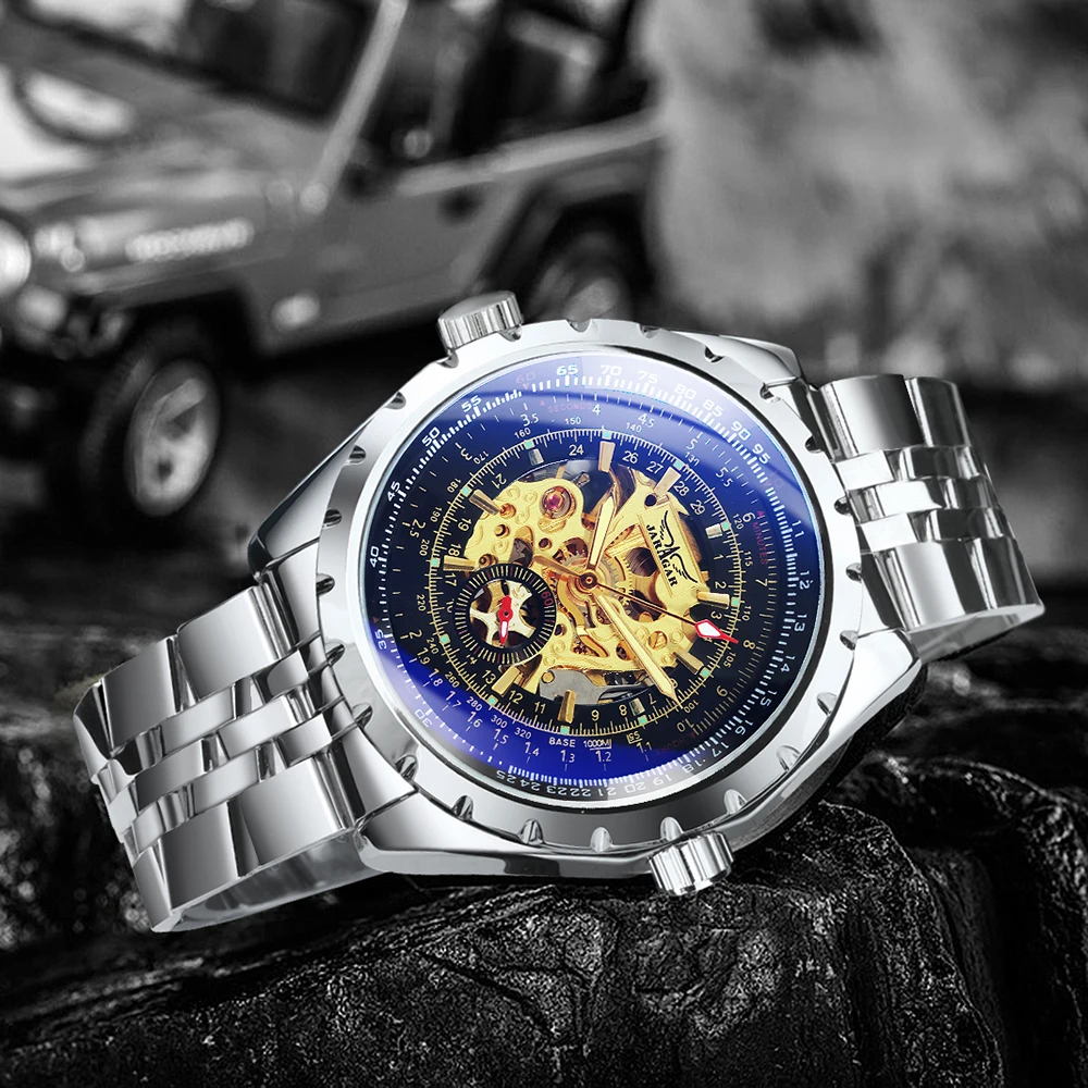ساعة JARAGAR الرياضية الميكانيكية للرجال مضيئة الأيدي الجلدية الصلب حزام رجال الأعمال ساعات المعصم الفاخرة العلامة التجارية الأعلى