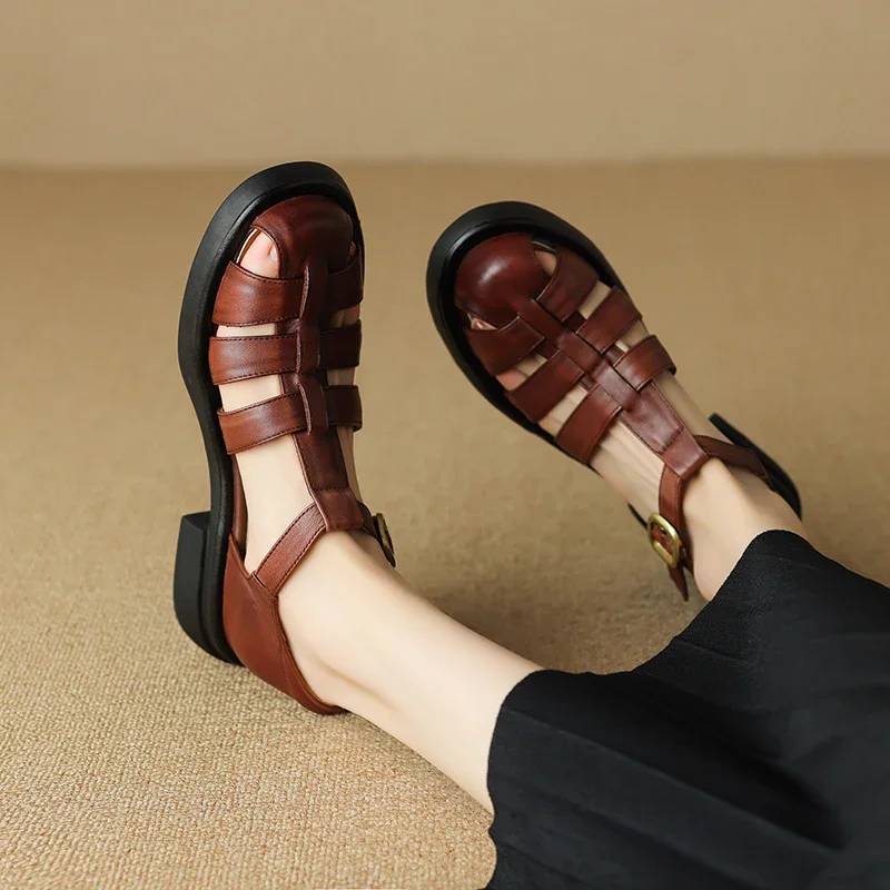 New Summer Sandals Genuine Leather Luxury Roman Sandals Casual Buckle Strap Summer Shoes GLADIATOR Thick Heel Women Shoes