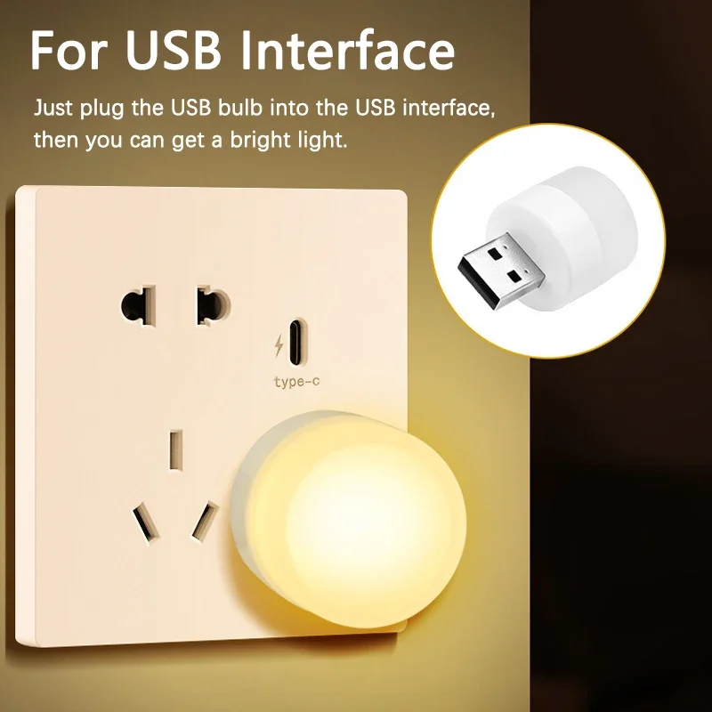 Mini USB Plug LED Eye Protection Night Light, Pequeno Redondo Book Lamp, Presente festivo, Carregamento, Quarto