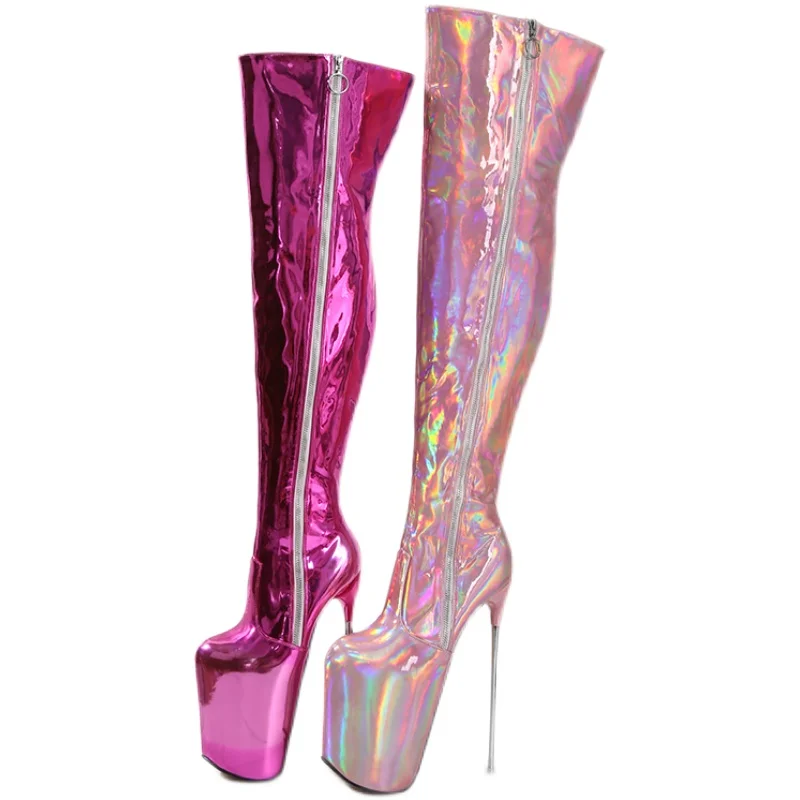 CACA 20cm stivali da donna con plateau in pelle verniciata lucida, scarpe Cosplay da uomo, Botas lunghe con tacchi alti Fetish, rosa, viola, Dropship