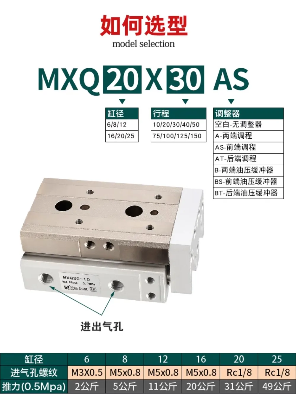 SMC type pneumatic slide cylinder MXQ6/8/12/16/25L-10/20/30/40/50/75 AS A BS