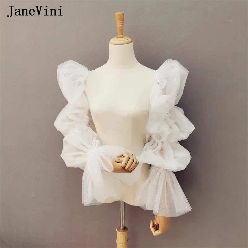 JaneVini Ivory Sequins Tulle Puff Sleeve Detachable Wedding Dress Bridal Arm Sleeves Bolero Shiny Bride Party Wrap Cape Jacket