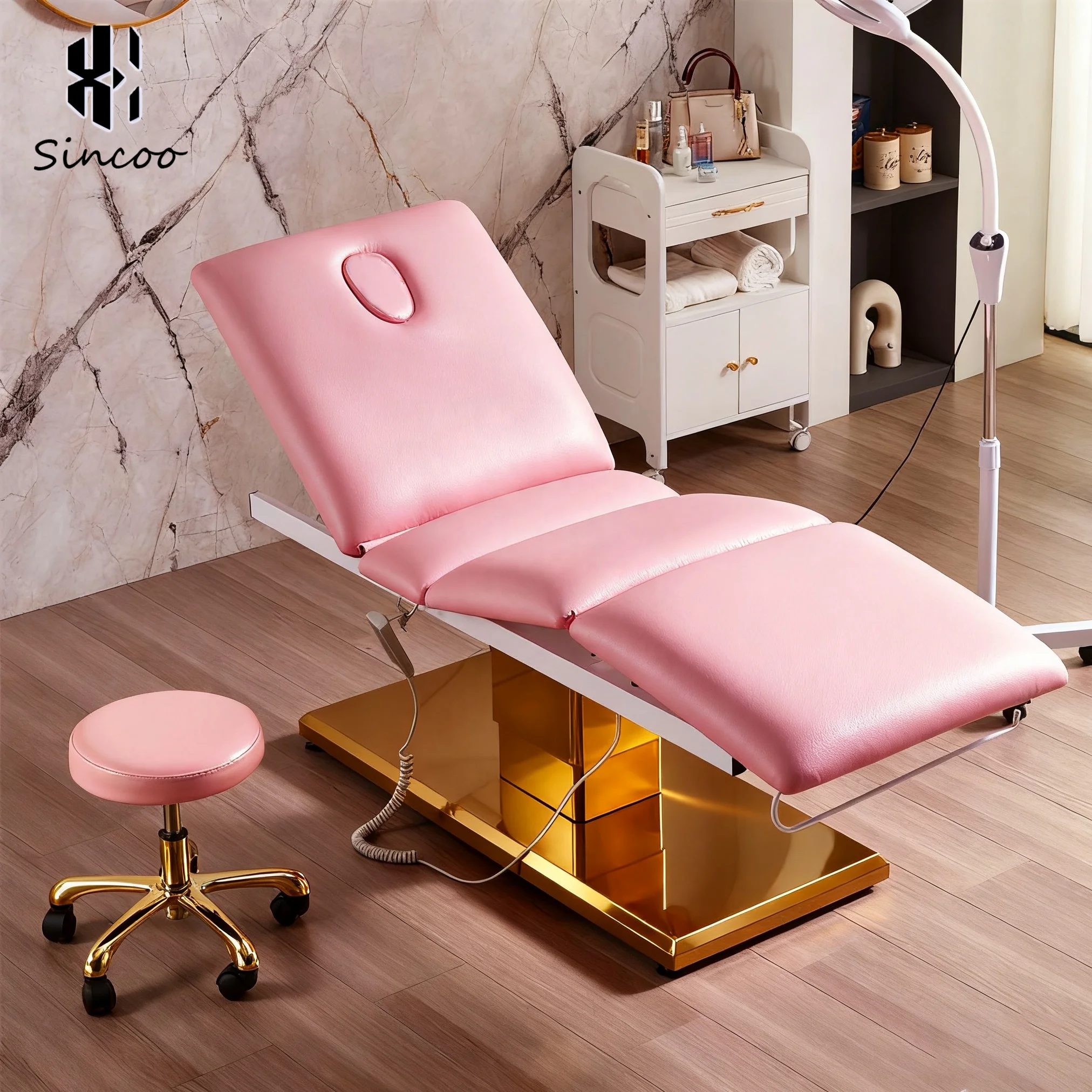 

Customized Colors Pink Stainless Steel Base Foot Control 3 Motors Synthetic Leather Foldable Beauty Salon Massage Bed
