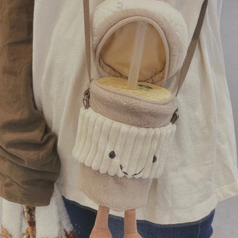 Cartoon Cute Plush Crossbody Bag with Milk Tea Cup Set Women's Shoulder Bag with Toy Holder Customized Coffee Companion Bag - view 6