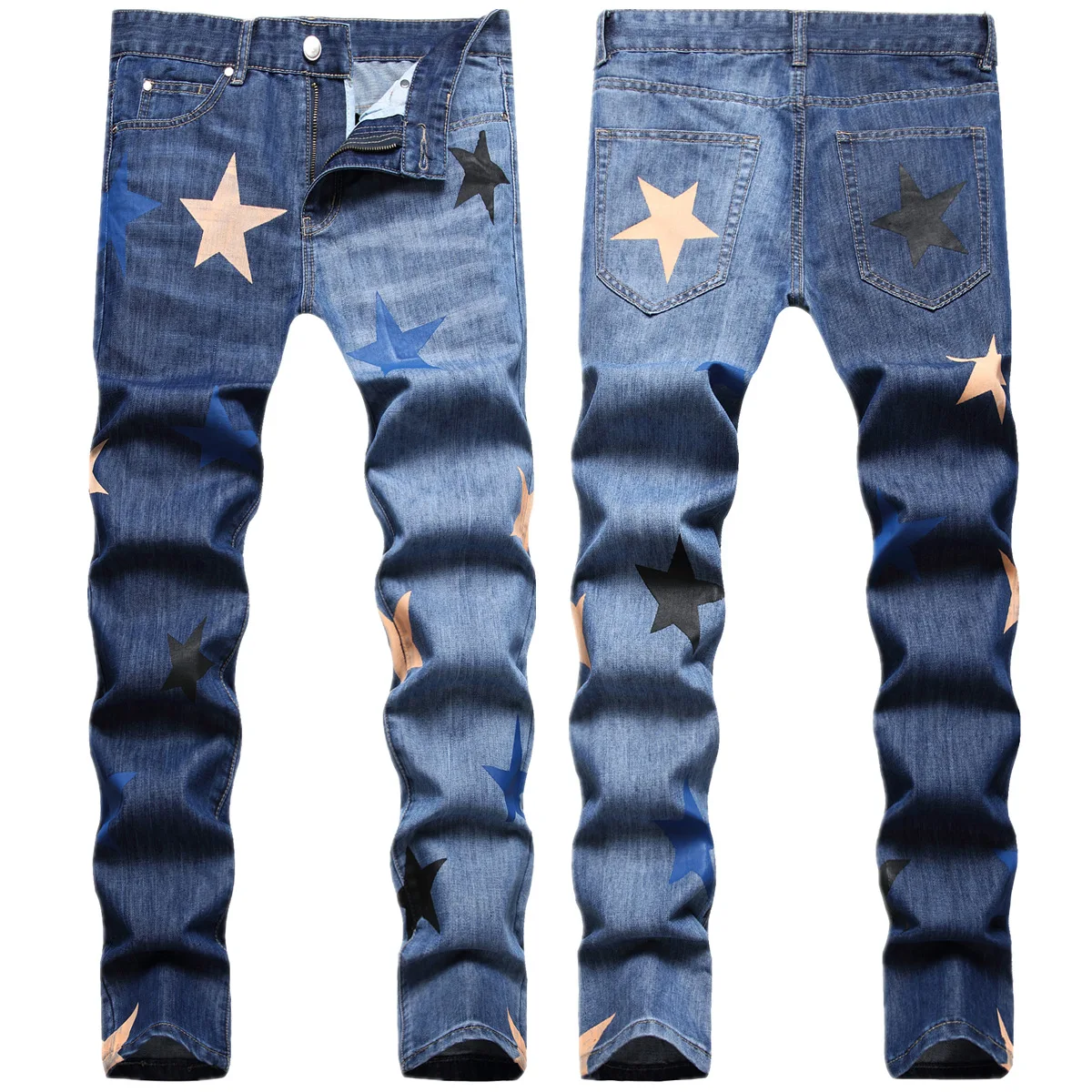 

Fall hip hop style double wash water heavy industry cat beard full spray print five-pointed star small straight leg jeans