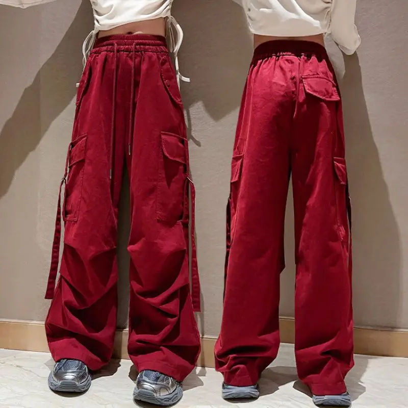 

5-14Y Teens Girls Vintage Cargo Pants with Free Belt Autumn Fashion Pocket Wide Leg Pants High Waist Kids Retro Casual Trousers