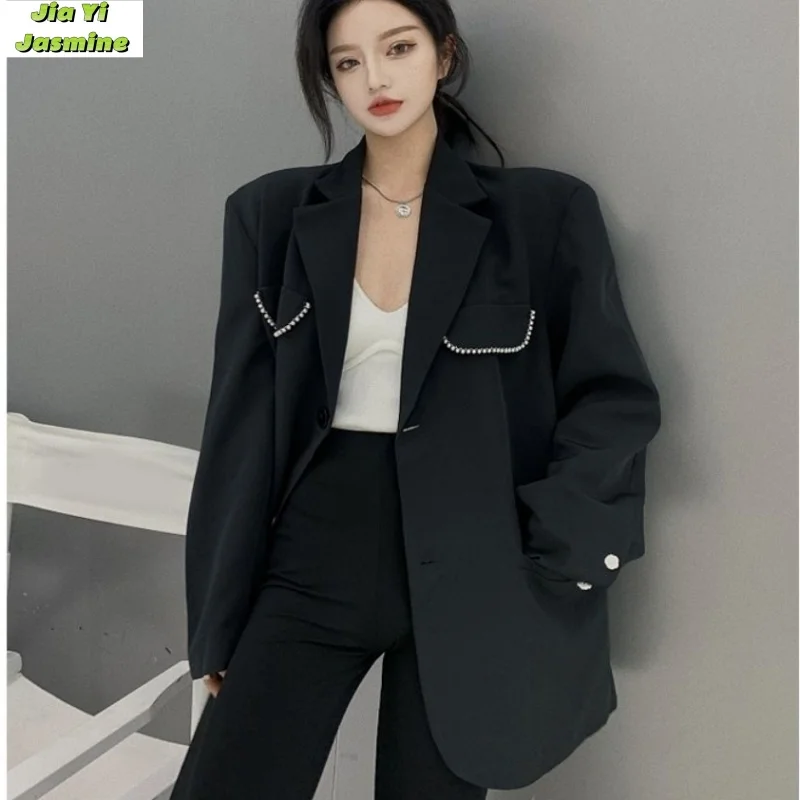 Female 2024 Spring and Autumn Black Street Explosion High End Niche Korean Edition Loose Suit Jacket