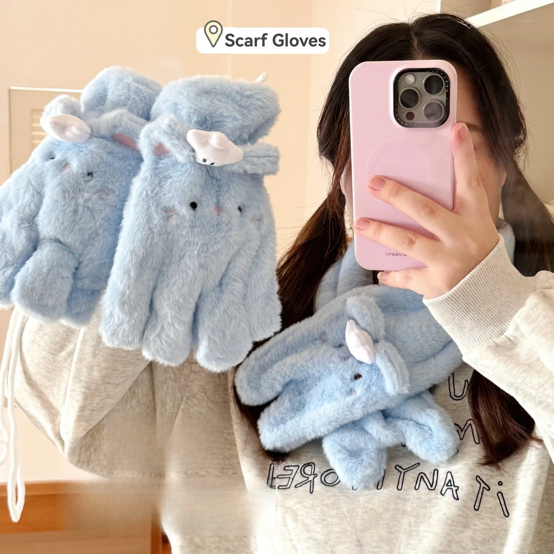 

Hot Cute Blue Chef Mouse Plush Glove Neck for Winter Warmth and Thick Velvet Riding Finger Cover