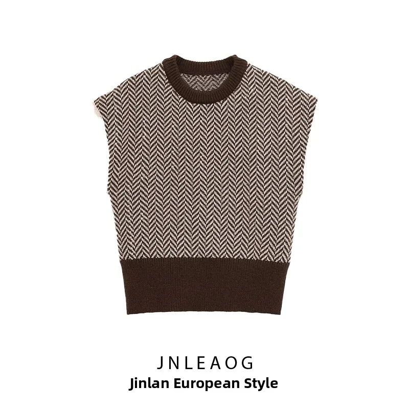 JNLEAOG Autumn New Women's Knitted Vest Fashionable Plaid Top round Neck Pullover Polyester Fiber Commute Style Fashionable