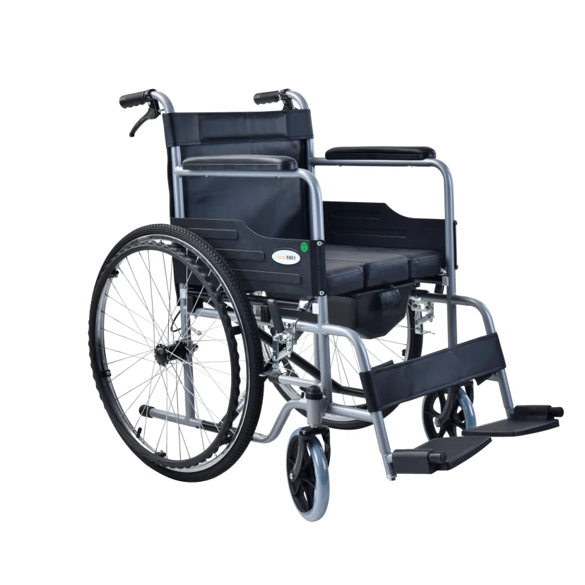 Handbrake Steel Frame Manual Wheelchair Leather Pad Safe Belt Portable Toilet Folding Commode Chair for Elderly Patients 100kg