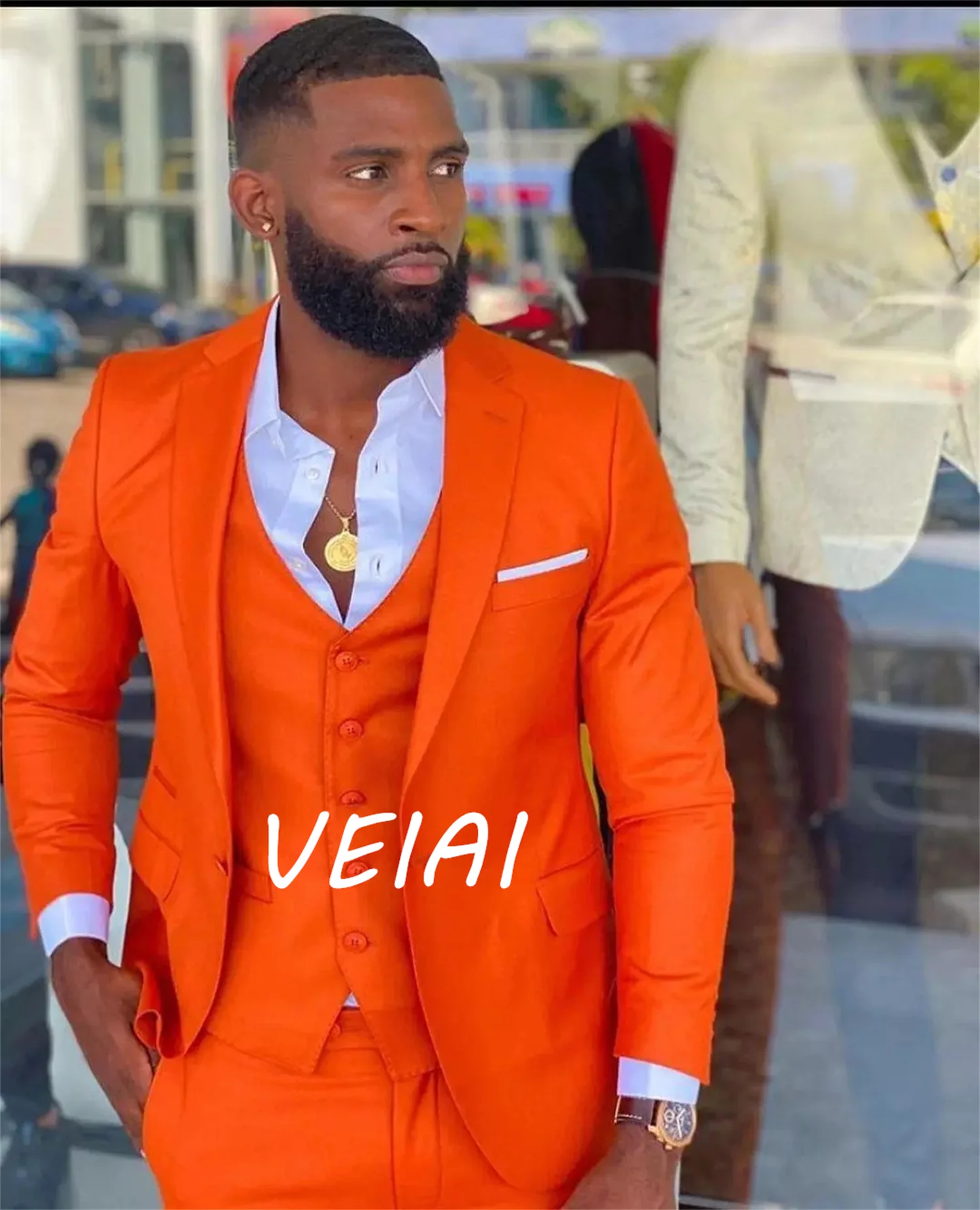 

Bright Orange Notch Lapel Men Suit Costume Homme Wedding Dress Tuxedos Terno Masculino Slim Fit Groom Prom Party Blazer 3 Pcs