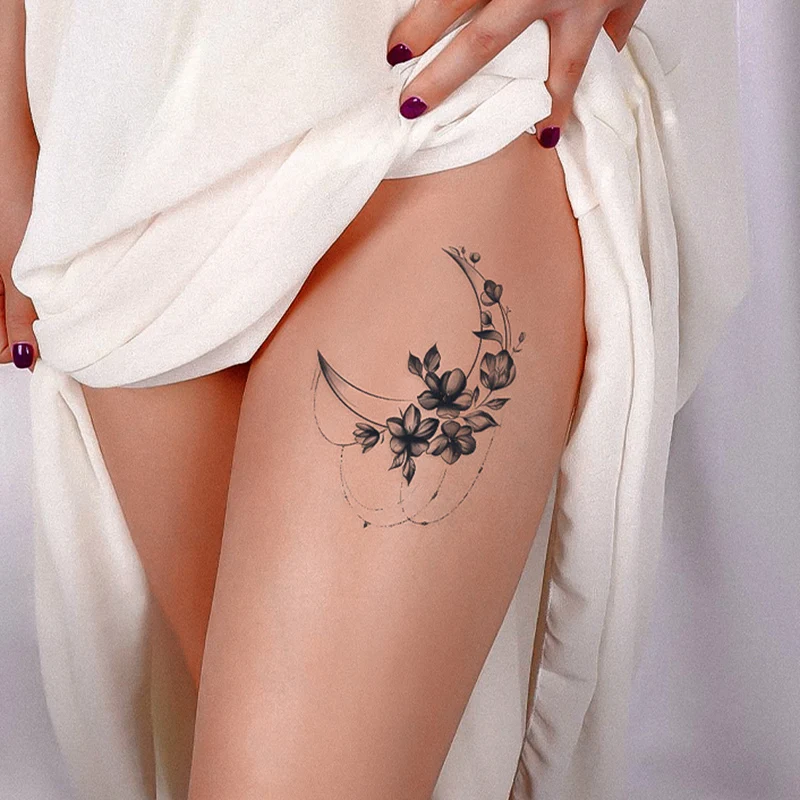 1pc Sweatpea Branch Fake Temporary Tattoos for Women Black Rose Moon Flower Tattoo Sticker Peony Lily Leaves Tatoos Body Art