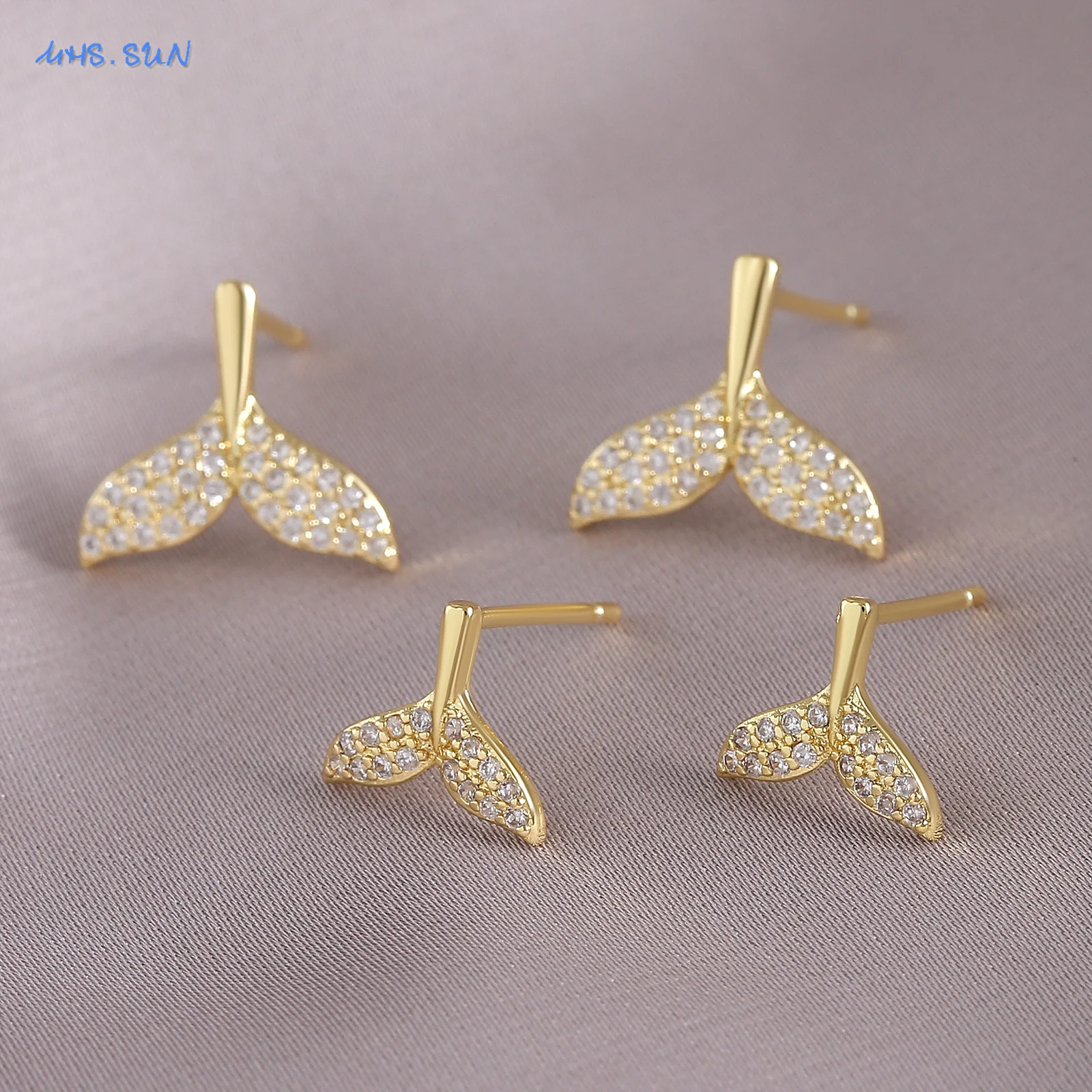 SUNSLL Trendy Cubic Zircon Fish Tail Stud Earrings 2 Size Minimalist Gold Plated Birthday Party Jewelry Gifts For Women Girls