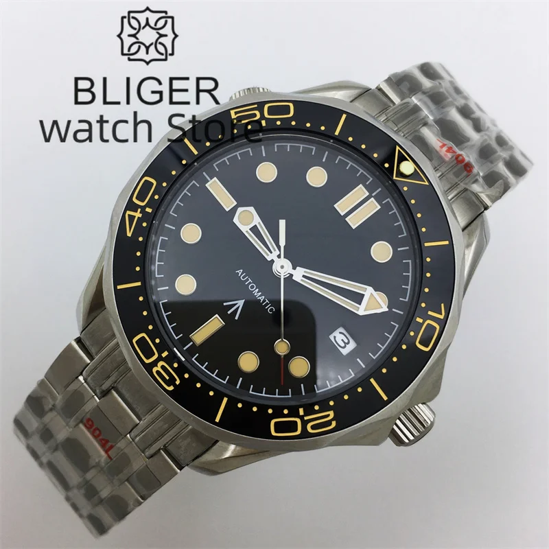 BLIGER 41mm Mechancial Men Watch Sapphire Glass Black Dial NH35A MIYOTA PT5000 Movement Steel Bracelet Ceramic Bezel Date Functi