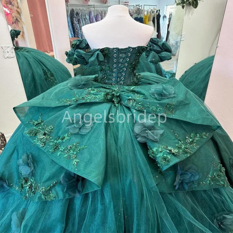 Angelsbride-Vestido Quinceanera Quinceanera com apliques 3D, verde esmeralda luxuoso, vestido de festa, 15 anos