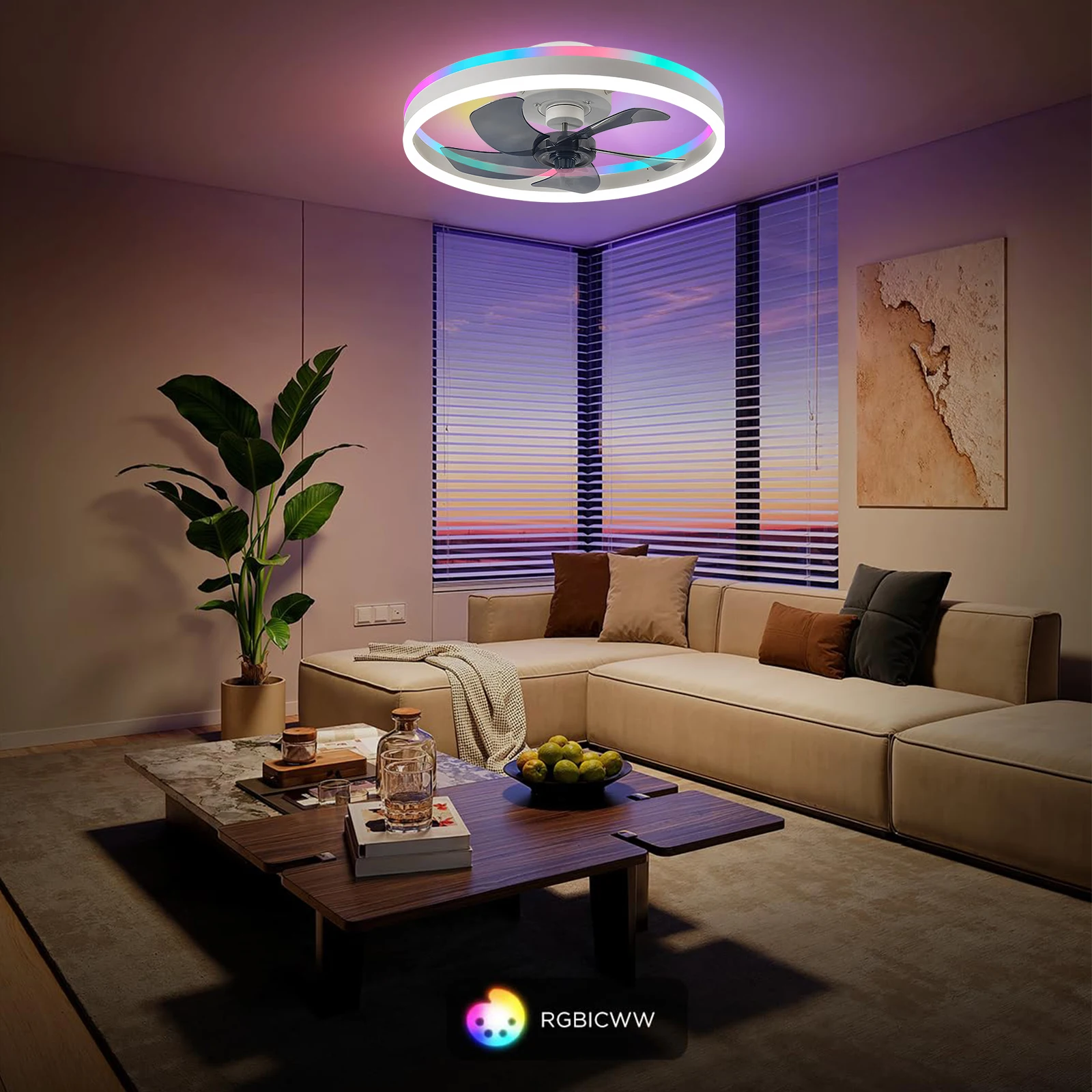 

Smart RGB Ceiling Light fan,LED Dimmable Remote/APP,Circular Home Application,Silent Ceiling Fan with Lighting,Acrylic Fans Lamp