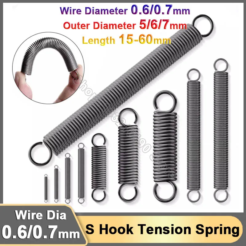 

0.6/0.7mm Open S Hook Tension Springs Tensile Spring Steel Coil Extension Expansion Stretching Spring OD 5 6 7mm Length 15-60mm