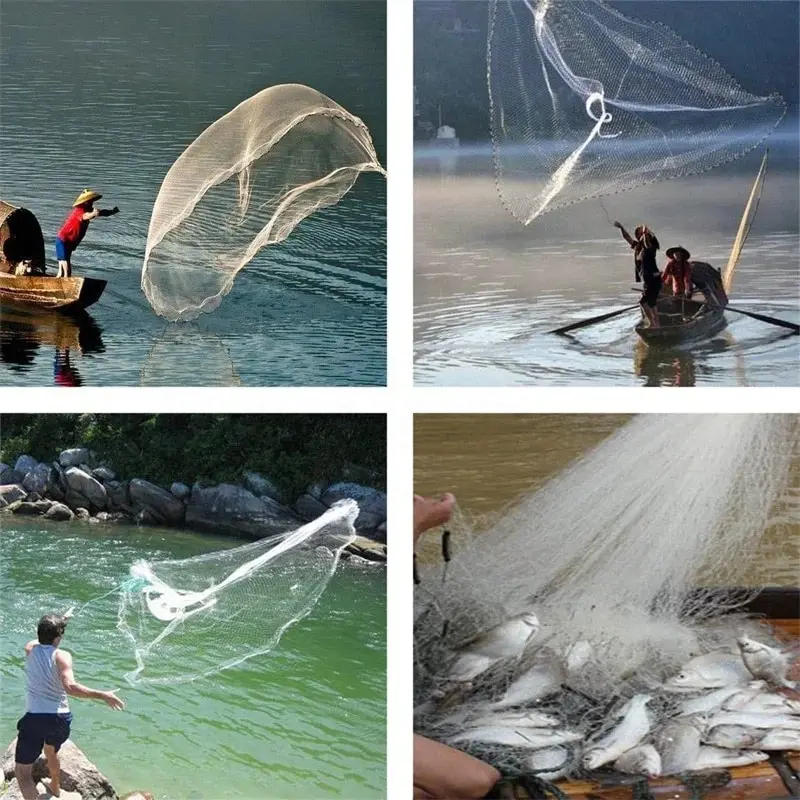 Fishing Cast Nets With Sinker 2.4m Radius Hand-Throwing Fishing Trap Nets Heavy American Small Mesh Fish Network With Shrimp Pot