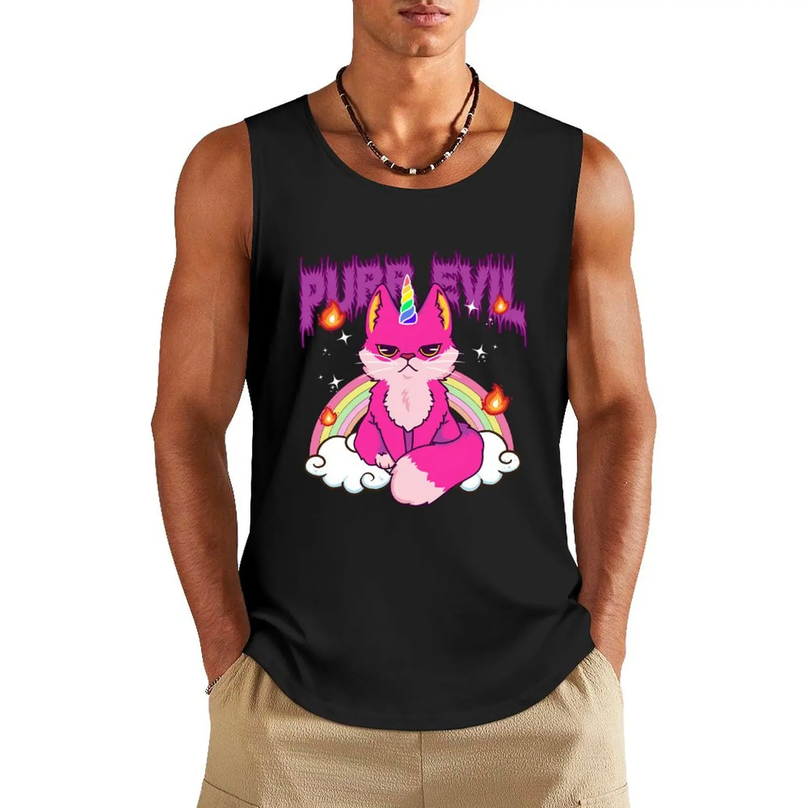 Purr Evil Cute Rainbow Tank Top Men's clothing vest for men Men's gym t-shirt T-shirt Men's gym