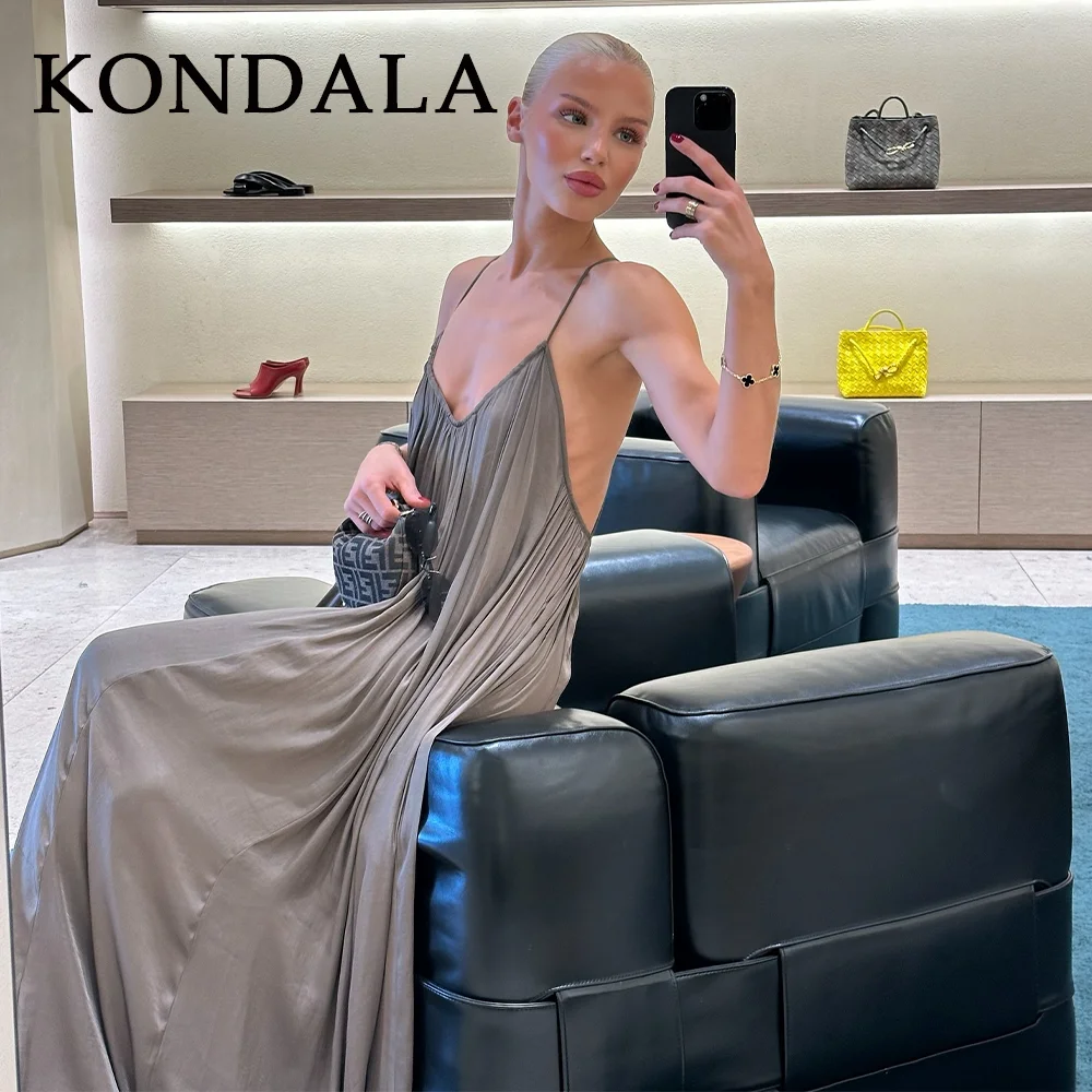 ชุดเดรสผ้าซาตินสไตล์สตรีทแวร์สำหรับผู้หญิง คอลเลคชั่นฤดูใบไม้ผลิ/ฤดูร้อน ปี 2025 แบรนด์ KONDALA แฟชั่นลำลอง สีพื้น โชว์หลัง คอทรงโอ แขนกุด ทรงหลวม