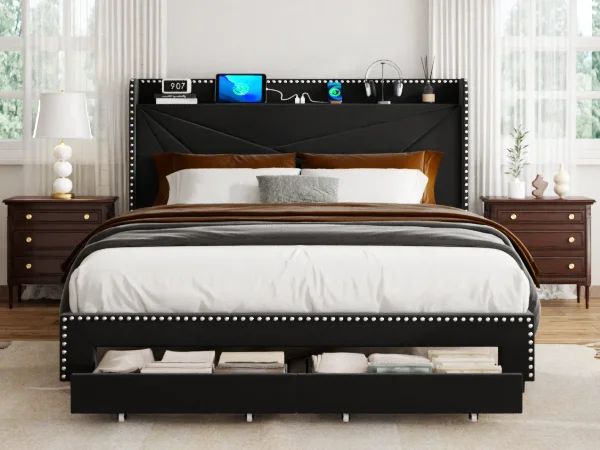 

！@King size storage bed with headboard and charging ports