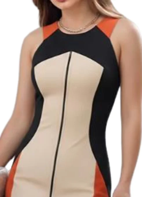 

Women's Elegant Dresses Temperament Colorblock O-Neck Sleeveless Zipper Front Midi Dress Female Slim Slit Front Commuting Dress