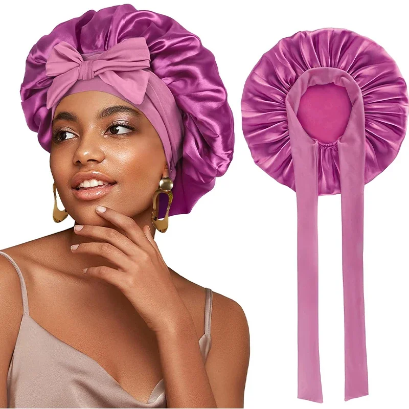

New Silky Bonnet With Elastic Tie Band Hair Bonnet For Sleeping Shower Cap Reusable Adjusting Hair Care Wrap Cap Sleep Caps